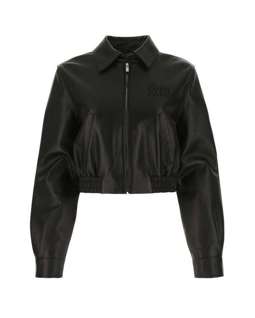Miu Miu Logo-embroidered Front-zip Bomber Jacket in Black | Lyst Canada