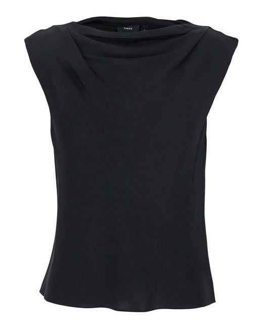 Theory Black Crewneck Top With Ruched Details On The Front