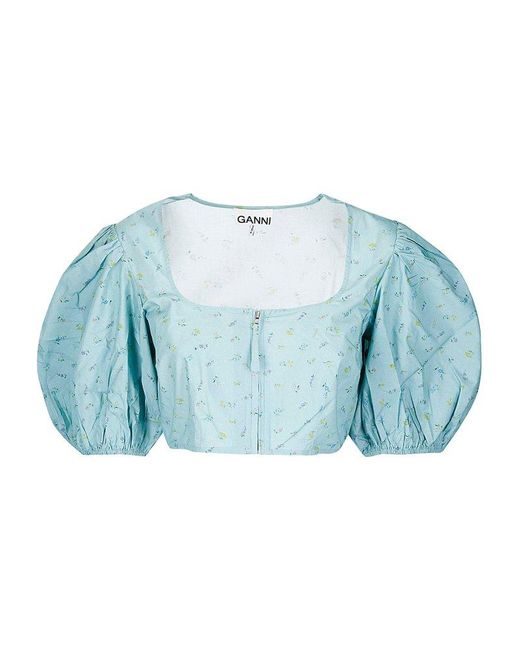 Ganni Blue Puff-sleeved Cropped Top