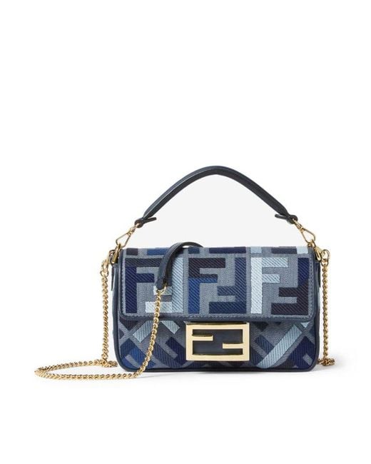 Fendi Blue Baguette Ff Embroidered Mini Tote Bag