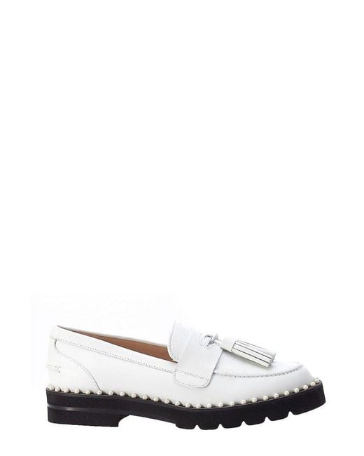 Stuart Weitzman Leather Mila Pearl Embellished Loafers in White - Save ...