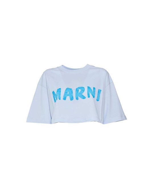 Marni Blue Logo Printed Cropped T-shirt