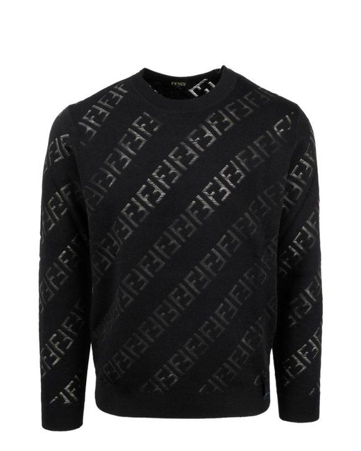 Fendi Black Ff Logo Detailed Crewneck Sweater for men