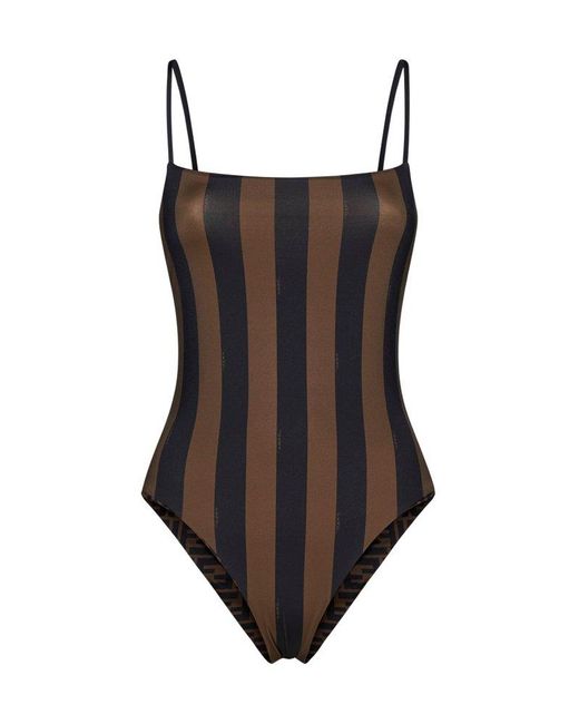 Fendi Brown Pequin Striped One Piece Swimsuit