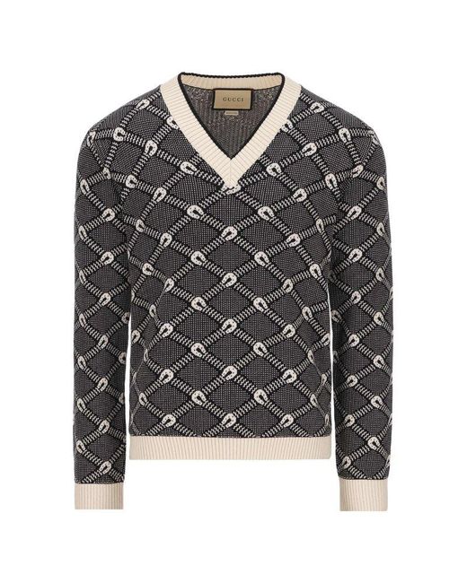 Gucci Gray V-neck Jacquard Sweater for men