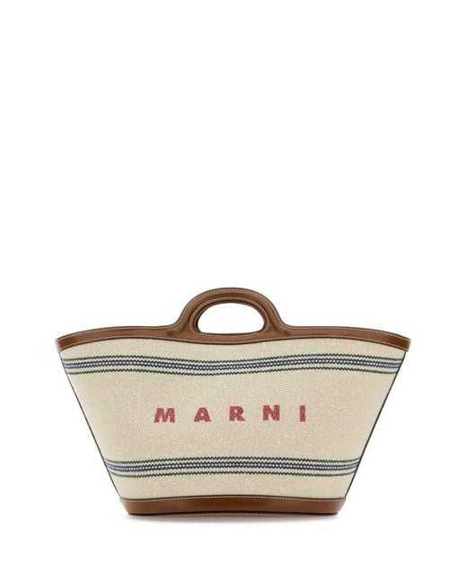 Marni Natural Logo Printed Striped Tote Bag