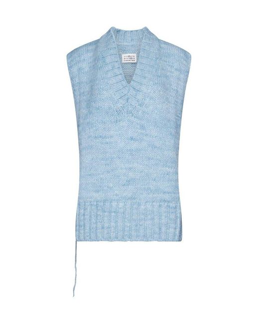 Maison Margiela Blue V-neck Ribbed Knitted Vest