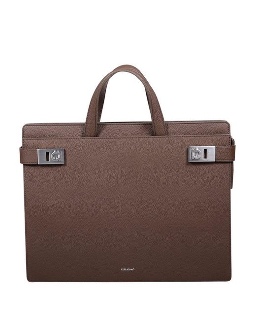 Ferragamo Brown Gancini Buckle Briefcase for men