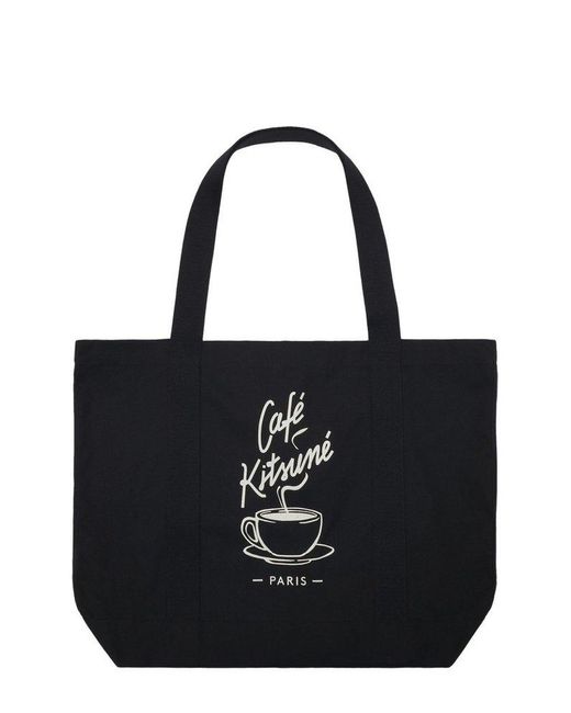 Café Kitsuné Black Graphic-Printed Top Handle Bag