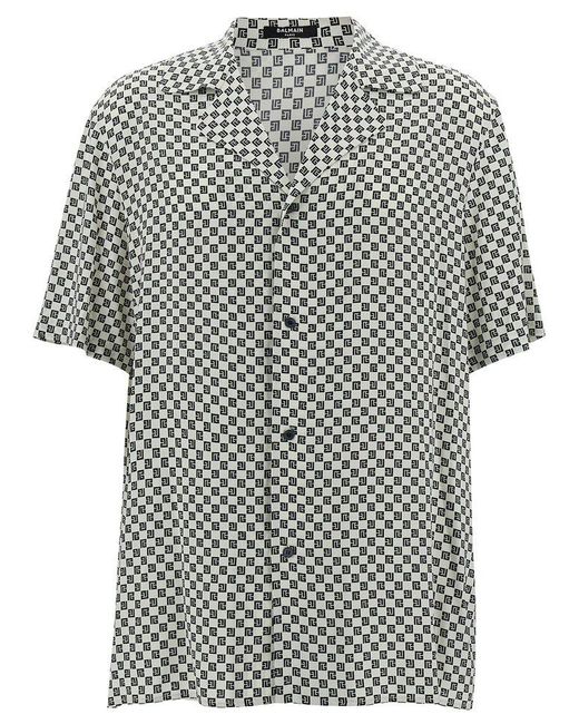 Balmain Gray Black And White Bowling Shirt With Monogram Print In Viscose Man for men