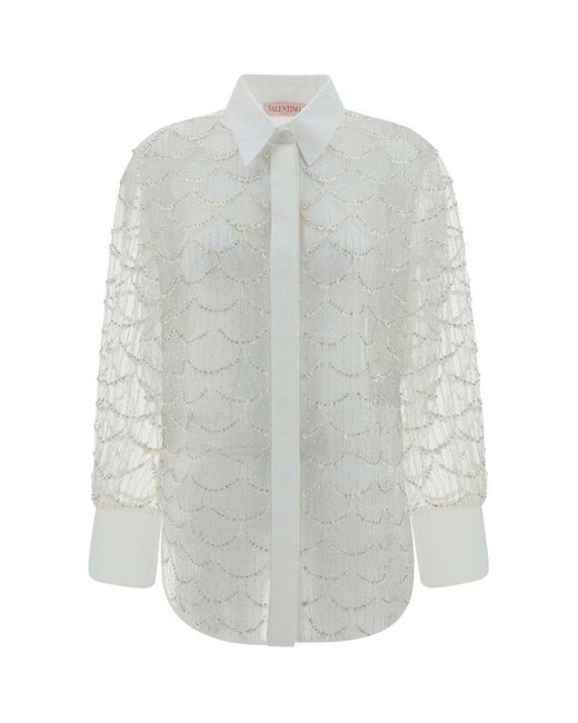 Valentino White Tulle Illusione Embroidered Straight Hem Shirt