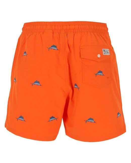 Polo Ralph Lauren Orange Shark Printed Drawstring Swim Shorts for men