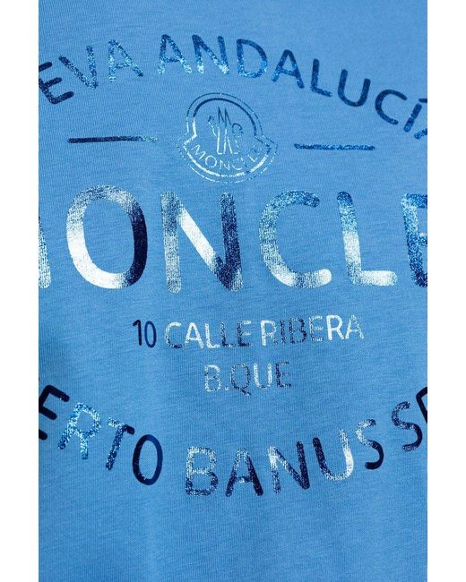 Moncler Blue T-Shirt With Printed Logo for men
