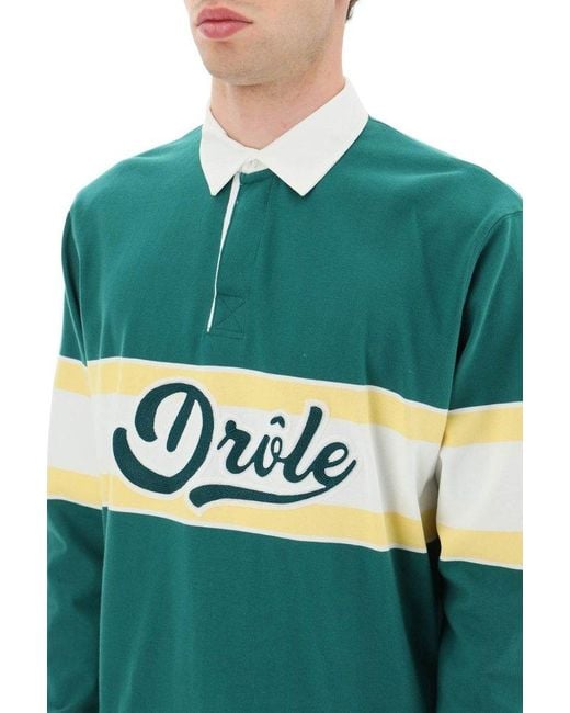 Drole de Monsieur Green Logo Embroidered Long-sleeved Polo Shirt for men