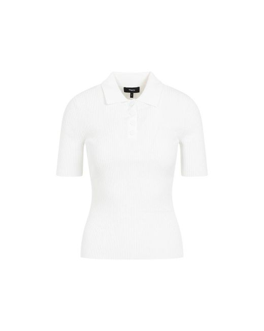Theory White Short Sleeved Ribbed-knitted Polo Shirt
