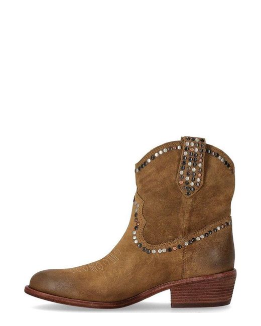 Ash Brown Stud Embellished Embroidered Ankle Boots