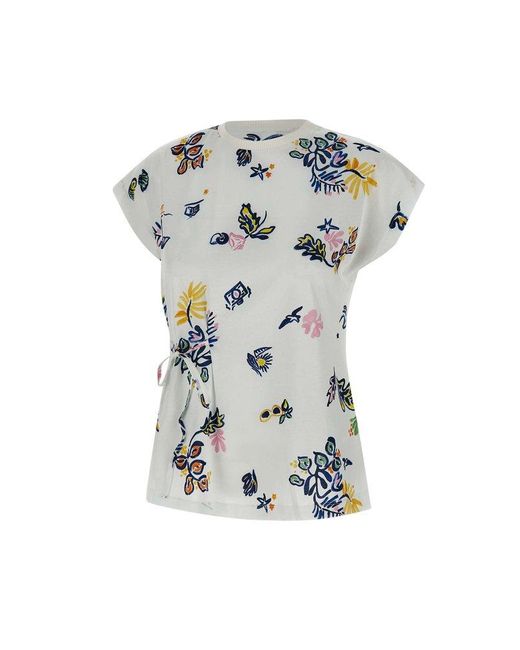 Marella Gray Bow Detailed All-Over Patterned Crewneck T-Shirt