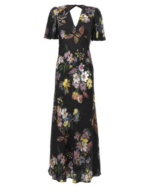 Twin Set Black Floral-printed V-neck Satin Maxi Dress