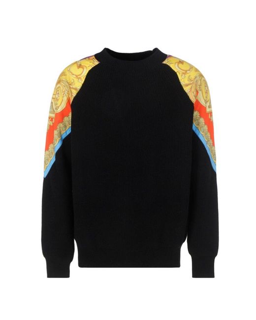 Versace Cotton Baroque-pattern Ribbed Knit Crewneck Sweater in Black ...