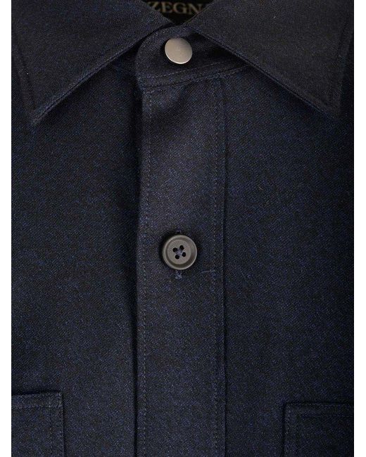 Zegna Blue Buttoned Long-sleeved Shirt Jacket for men
