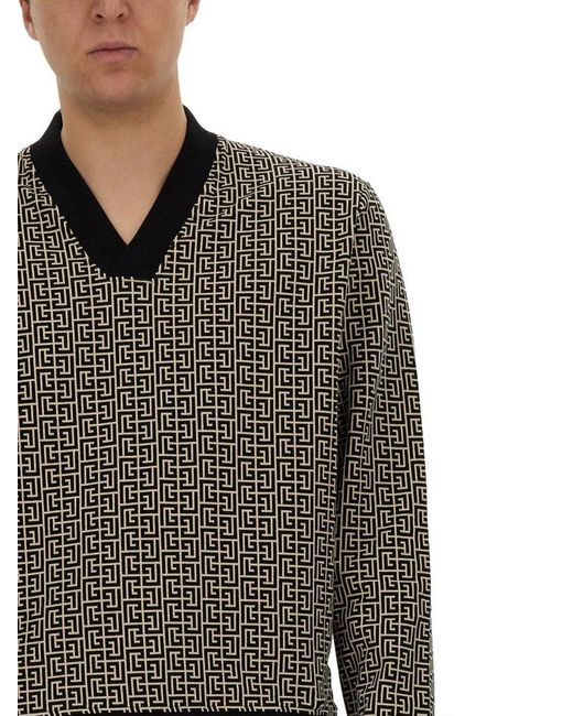 Balmain Gray V-neck Monogram Jersey Sweatshirt for men