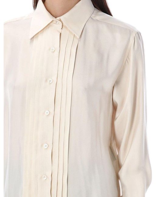 Tom Ford White Fluid Viscose Silk Twill Shirt With Plisse Plastron