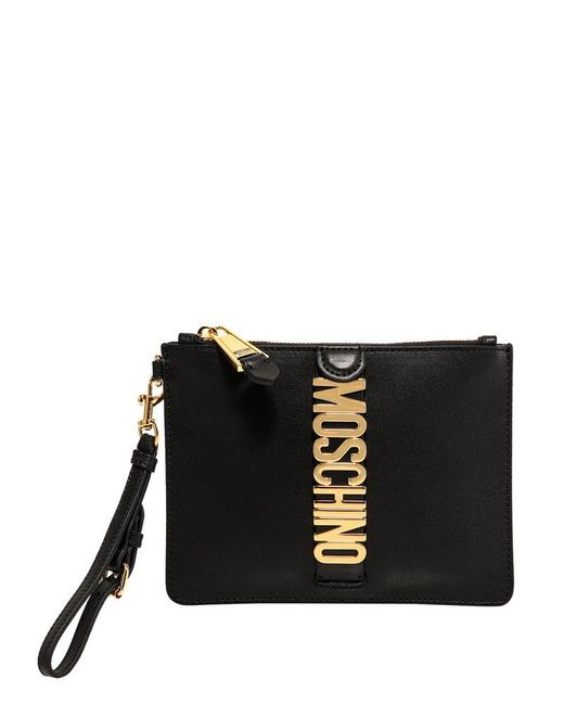Moschino Leather Logo Lettering Clutch Bag in Black | Lyst UK