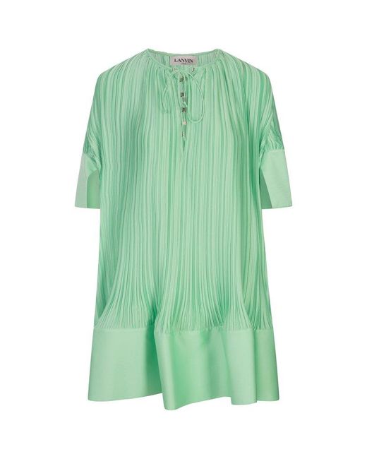 Lanvin Green Cascade Effect Short-sleeved Midi Dress