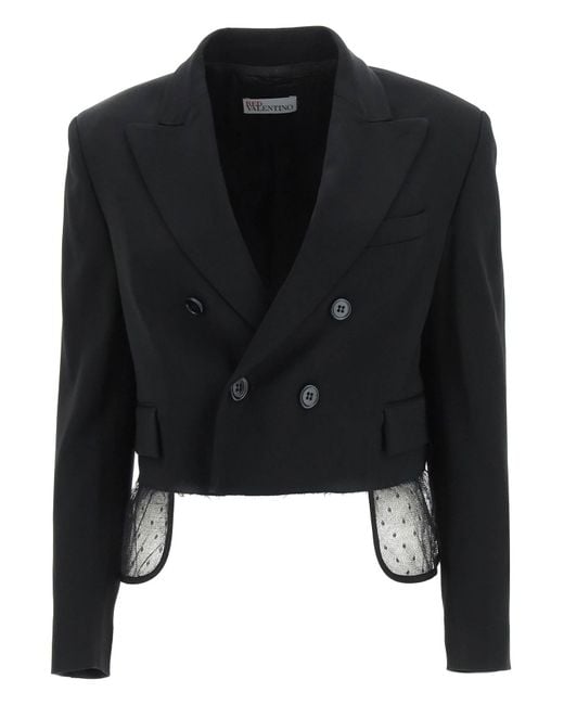 RED Valentino Black Cropped Jacket With Point D'esprit Tulle