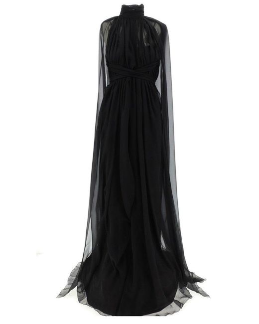 Alberta Ferretti Black Mock Neck Semi-sheer Maxi Dress