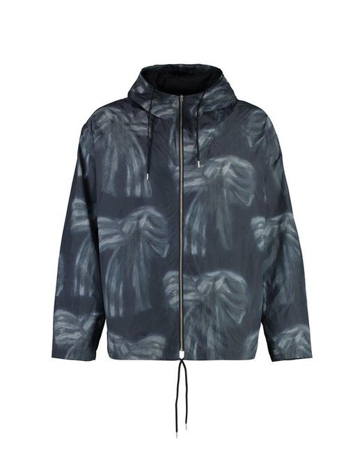 Acne Blue Hooded All-over Printed Raincoat for men