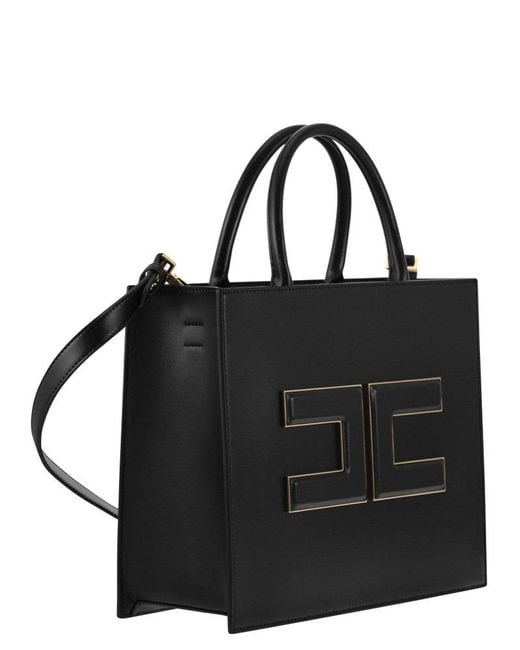 Elisabetta Franchi Black Medium Shopper With Logo Plaque