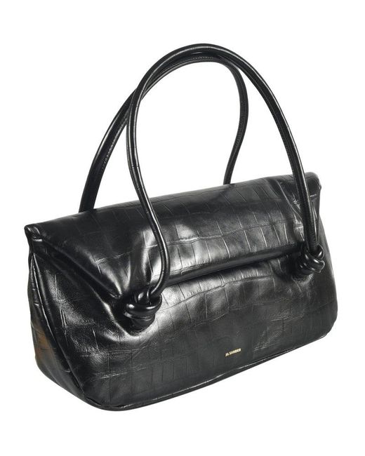 Jil Sander Black Embossed Foldover Top Medium Shoulder Bag
