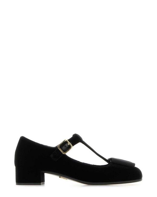 Prada Black T-Strap Logo Bow Velvet Pumps
