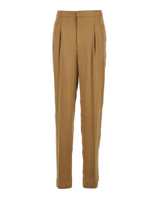 Twinset Natural Pleated Pants With Logo Plaque