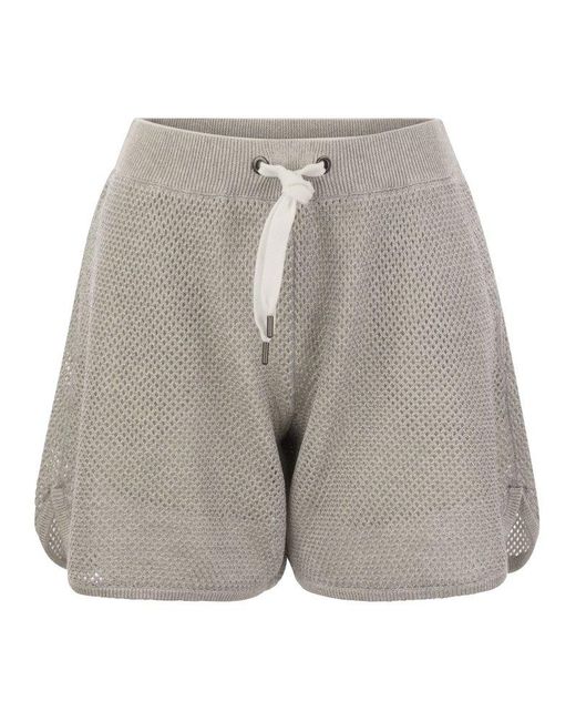 Brunello Cucinelli Gray Sparkling Net Knit Cotton Shorts