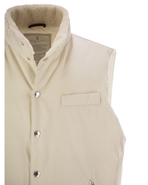 Brunello Cucinelli Natural Sleeveless Down Jacket With Sheepskin Collar for men