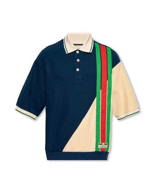Gucci Blue Logo-patch Striped Wool And Cotton-blend Polo Shirt for men