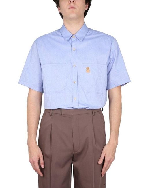 Gucci Blue Bear Motif Embroidered Short-sleeved Shirt for men