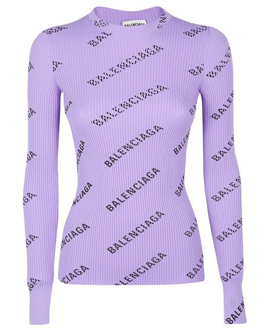 Balenciaga Allover Logo Ribbed-knit Sweater in Purple | Lyst