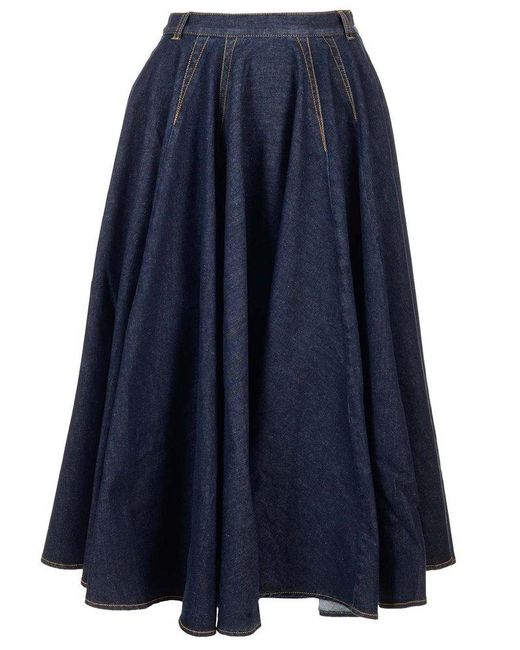 Alaïa Blue Pleat Detailed Denim Midi Skirt