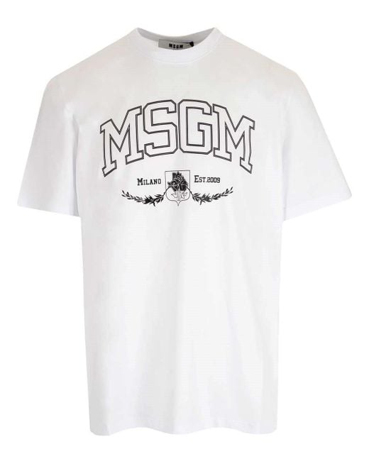 MSGM Cotton Logo Printed Crewneck T-shirt in White for Men - Lyst