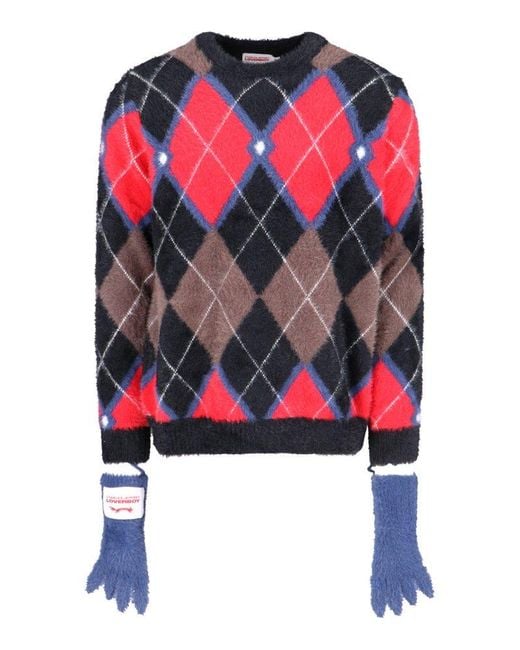 Charles Jeffrey Red Argyle Knit Sweater