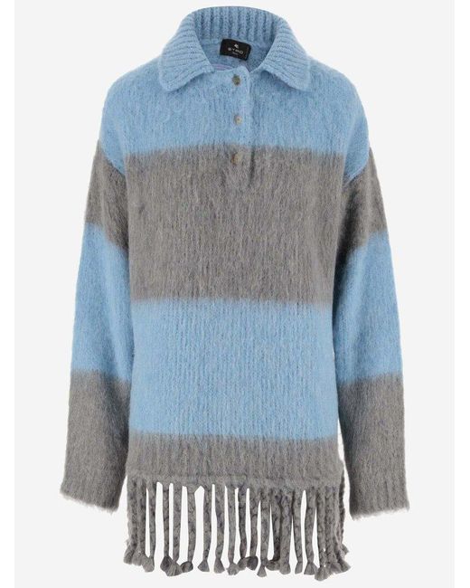 Etro Blue Brushed Effect Fringed Edge Sweater Mini Dress