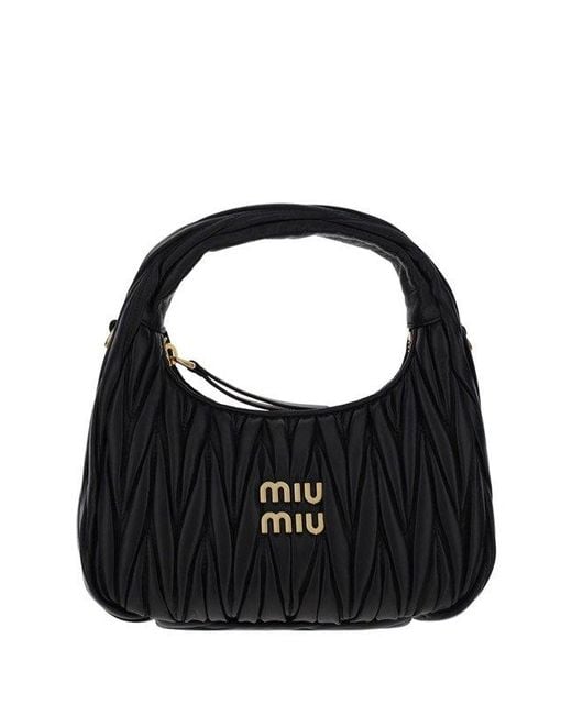 Miu Miu Leather Wander Matelassé Logo Plaque Mini Hobo Bag in Black ...