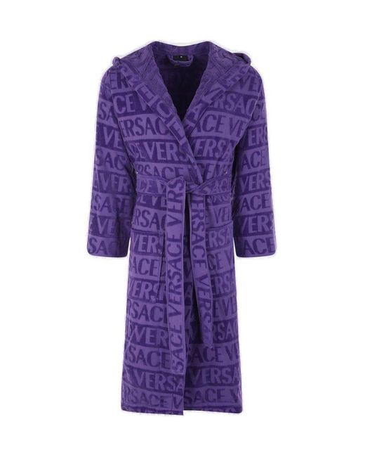 Versace Purple All-over Patterned Belted Towelling Robe for men