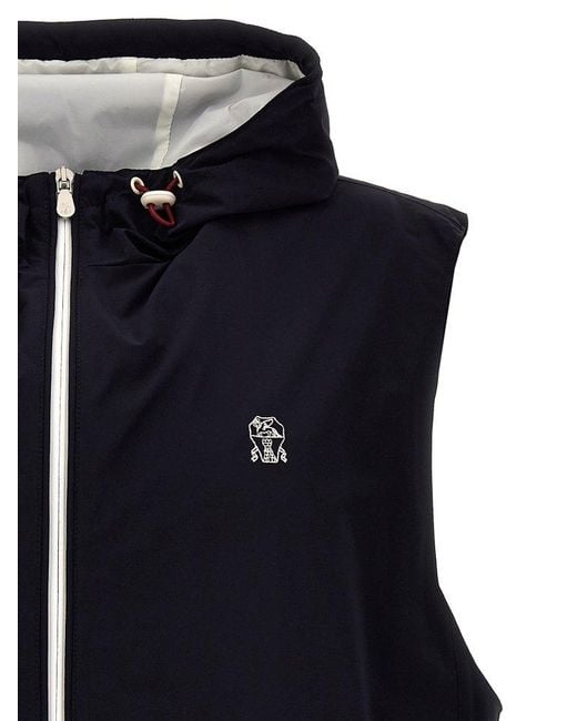 Brunello Cucinelli Blue Logo Embroidery Hooded Vest for men