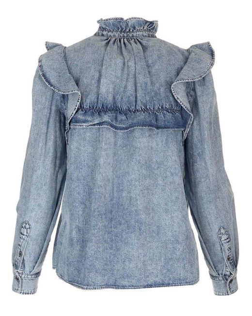 Isabel Marant Blue Button-Up Ruffled Denim Shirt