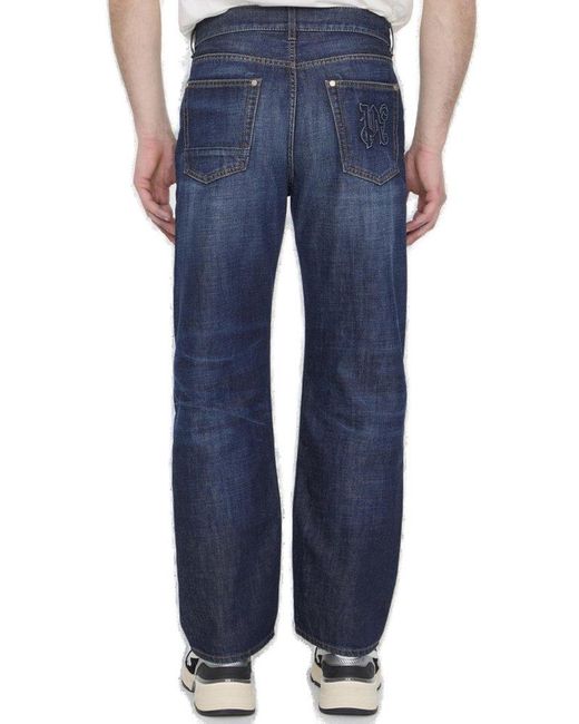 Palm Angels Blue Monogram-embroidered High Waist Jeans for men