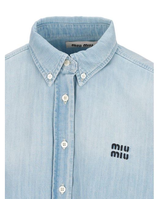 Miu Miu Chambray Logo Embroidered Cropped Denim Shirt in Blue | Lyst